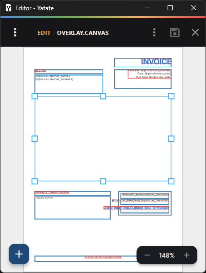 Screenshot: the Overlay Editor with the invoice layout